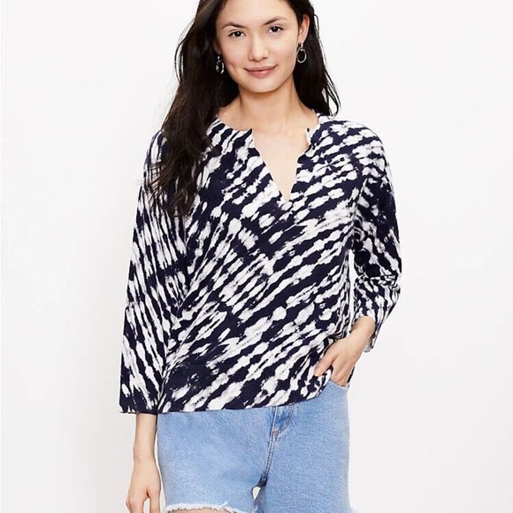 LOFT Sweaters - LOFT Sweater Womens Small Navy Tie Dye Split‎ Neck Drop Shoulder Cotton Top New